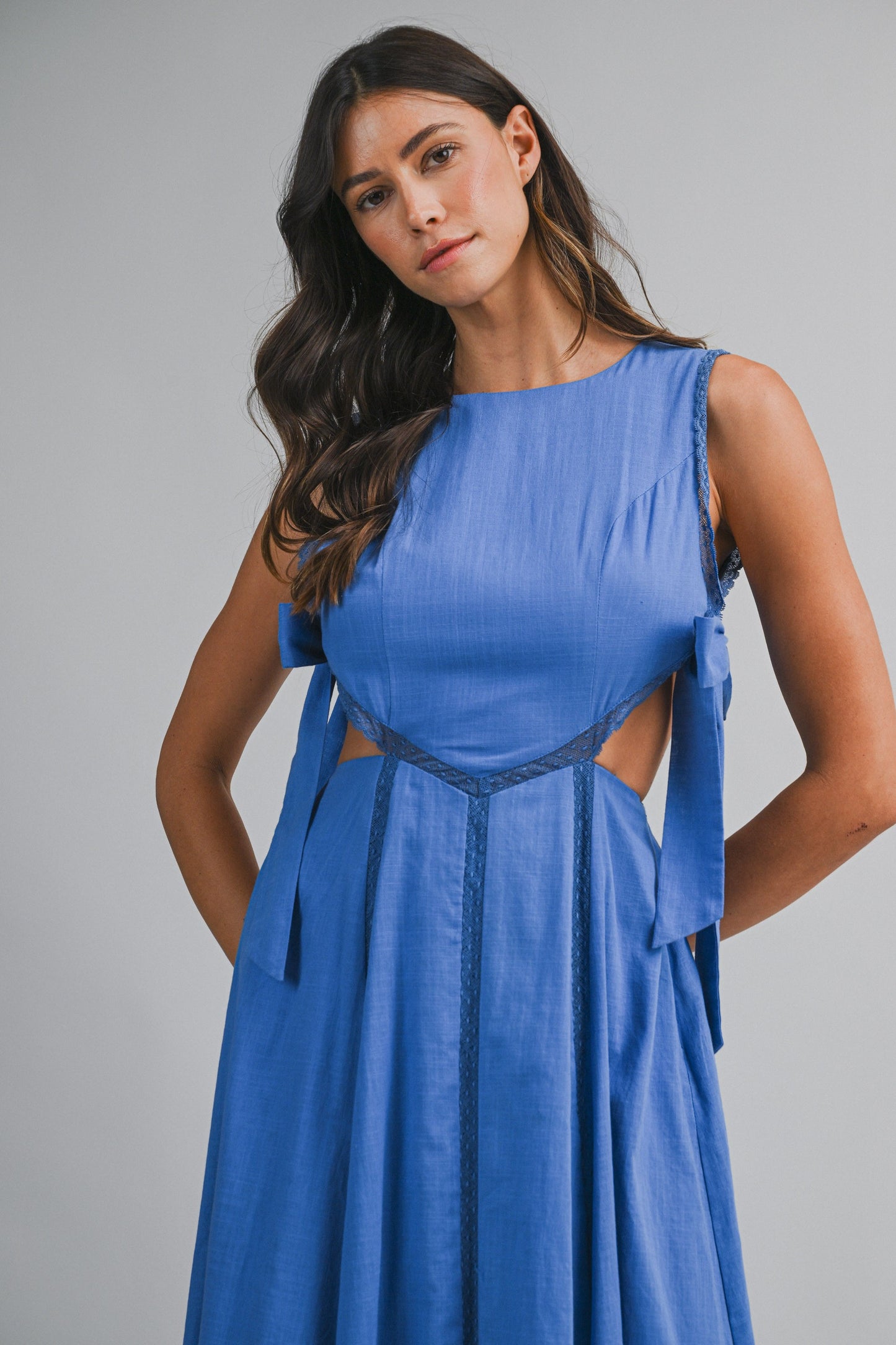 Side Tie (Cutout)) Lace Trim Midi Dress in Cobalt