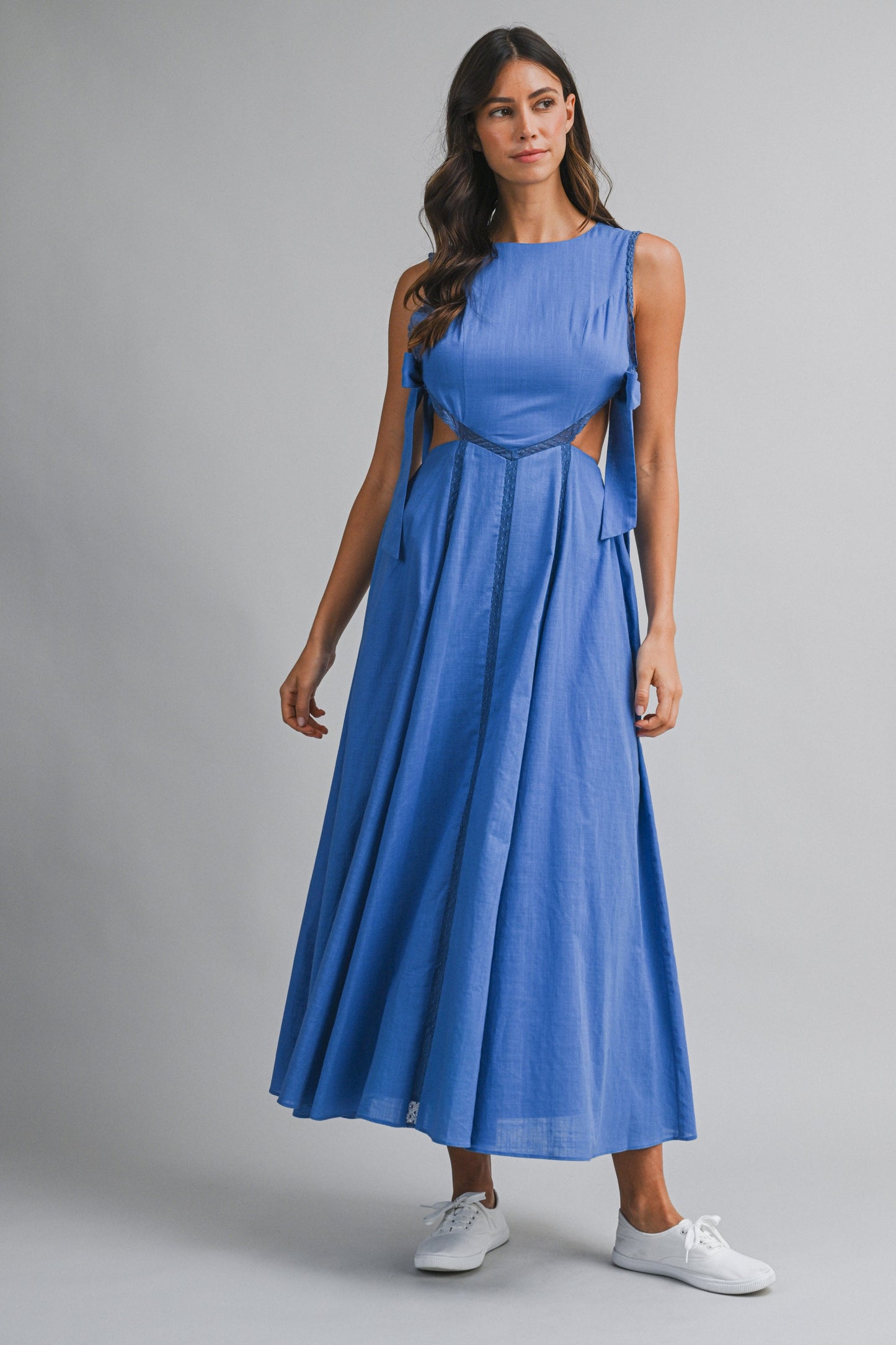 Side Tie (Cutout)) Lace Trim Midi Dress in Cobalt