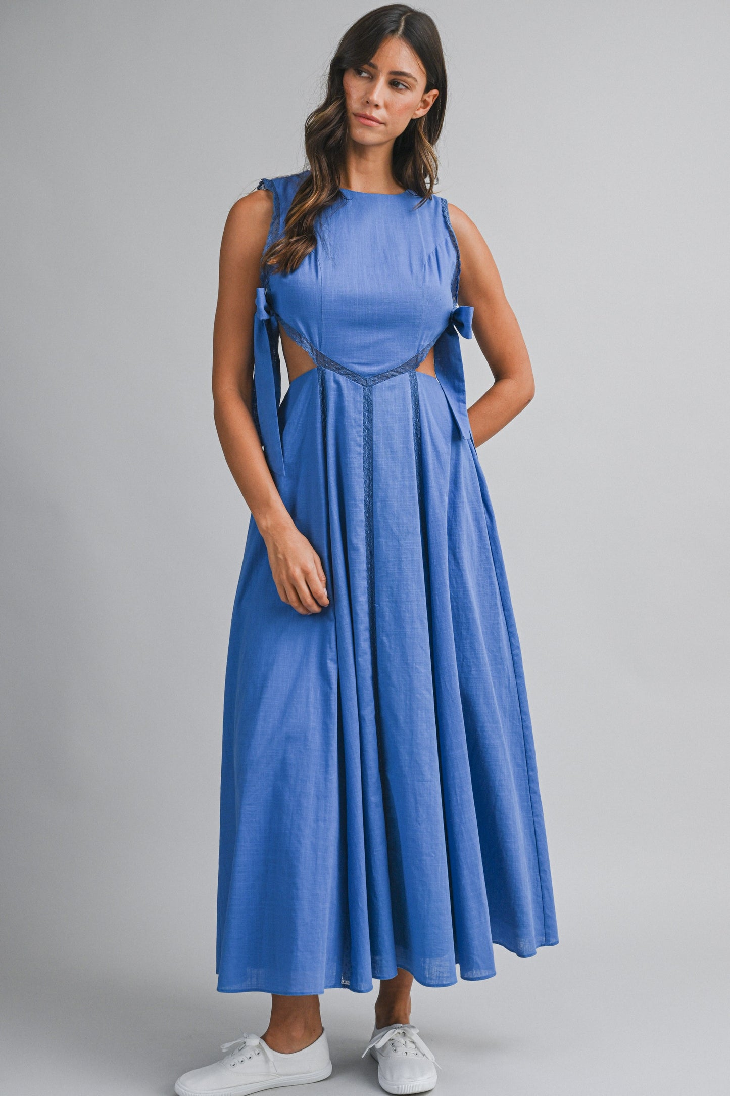 Side Tie (Cutout)) Lace Trim Midi Dress in Cobalt