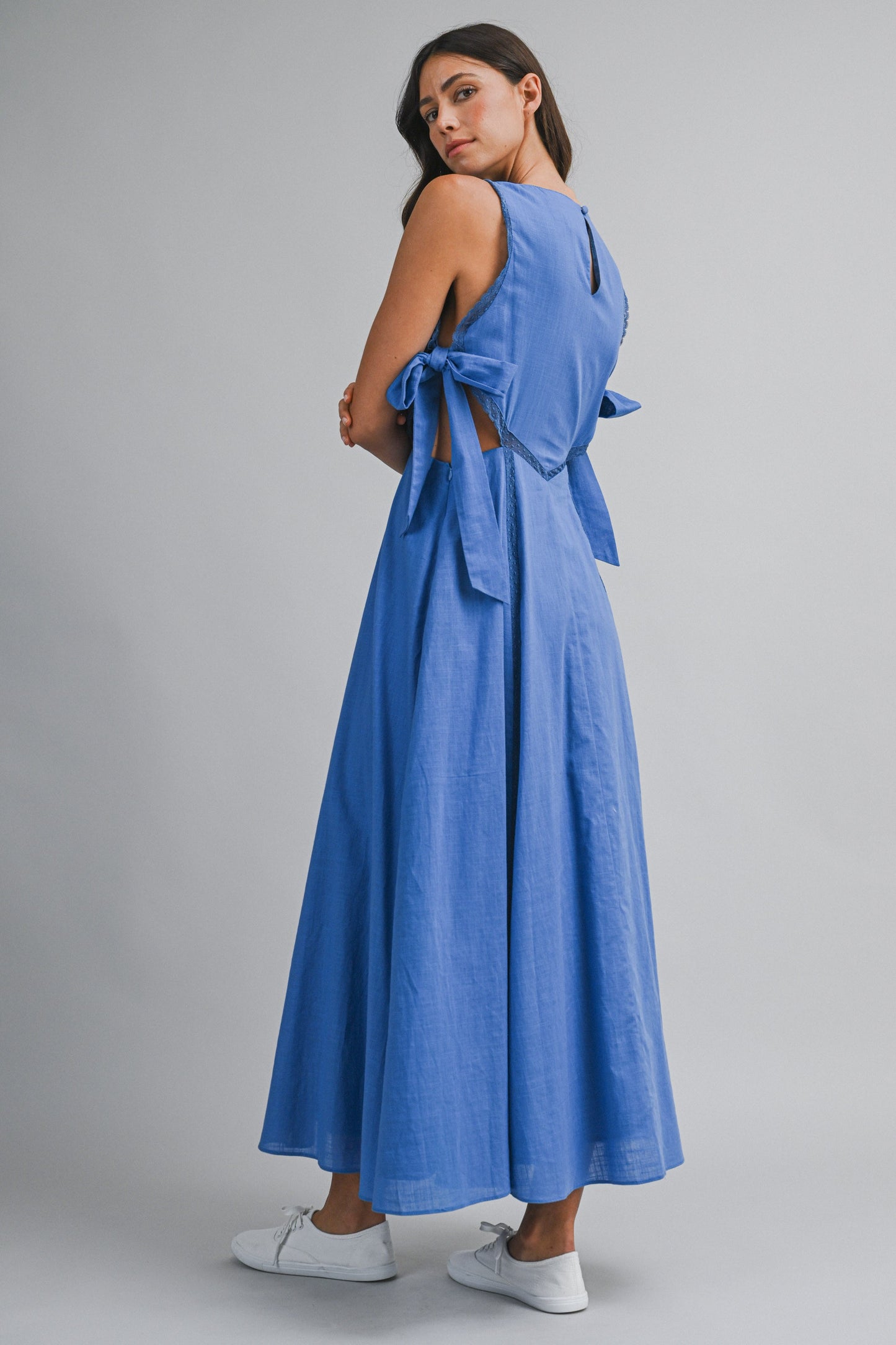 Side Tie (Cutout)) Lace Trim Midi Dress in Cobalt