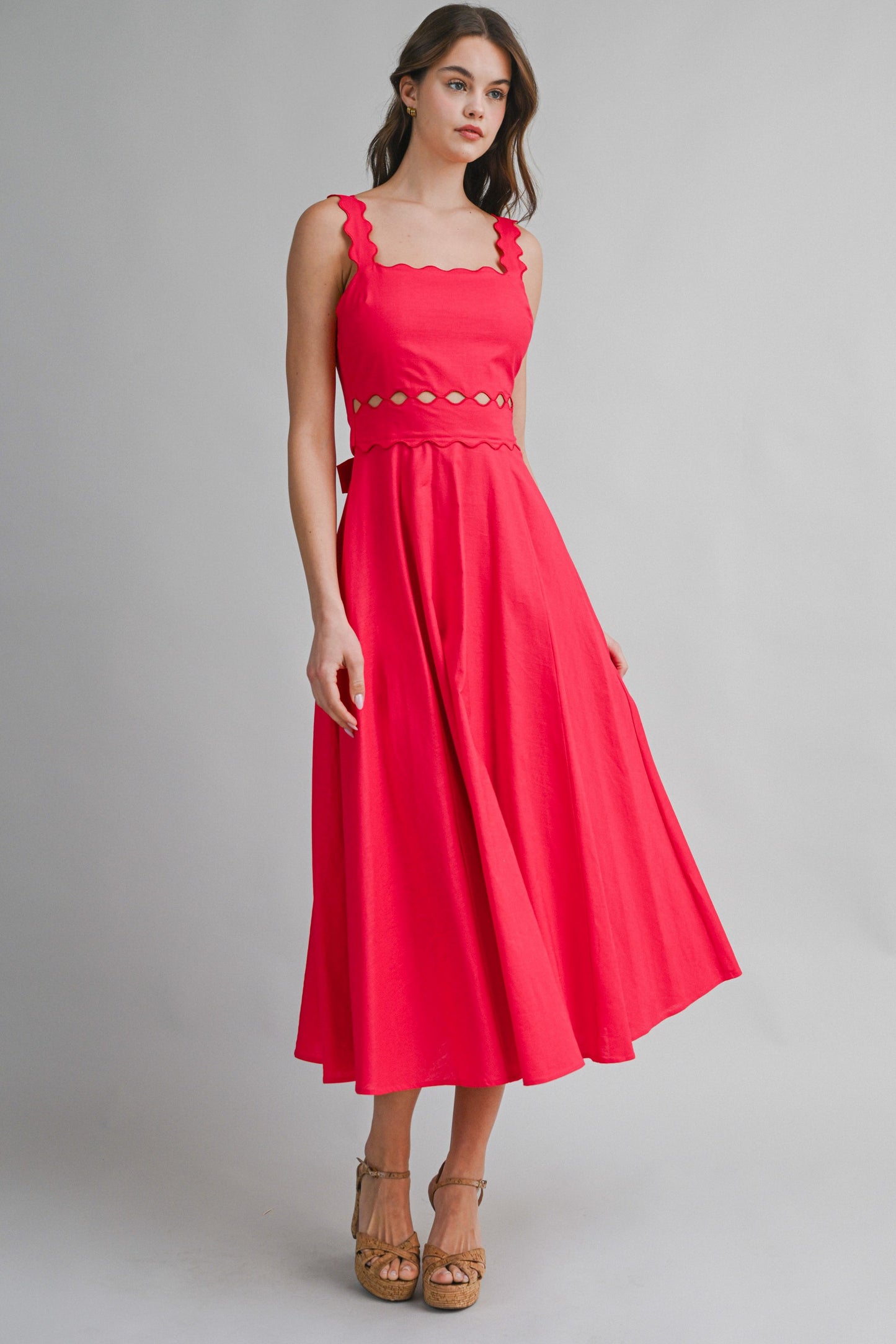 Red Scallop Trim Cut Out Midi Dress