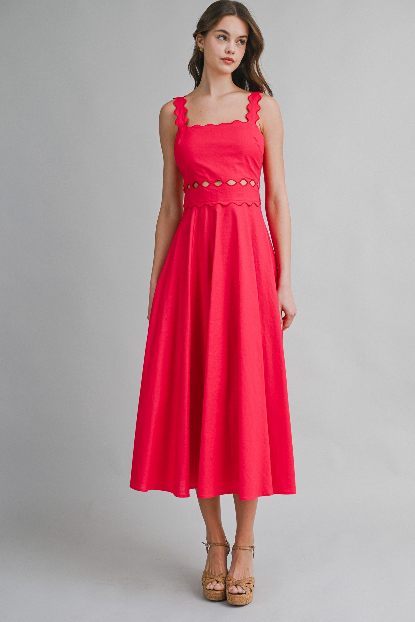 Red Scallop Trim Cut Out Midi Dress