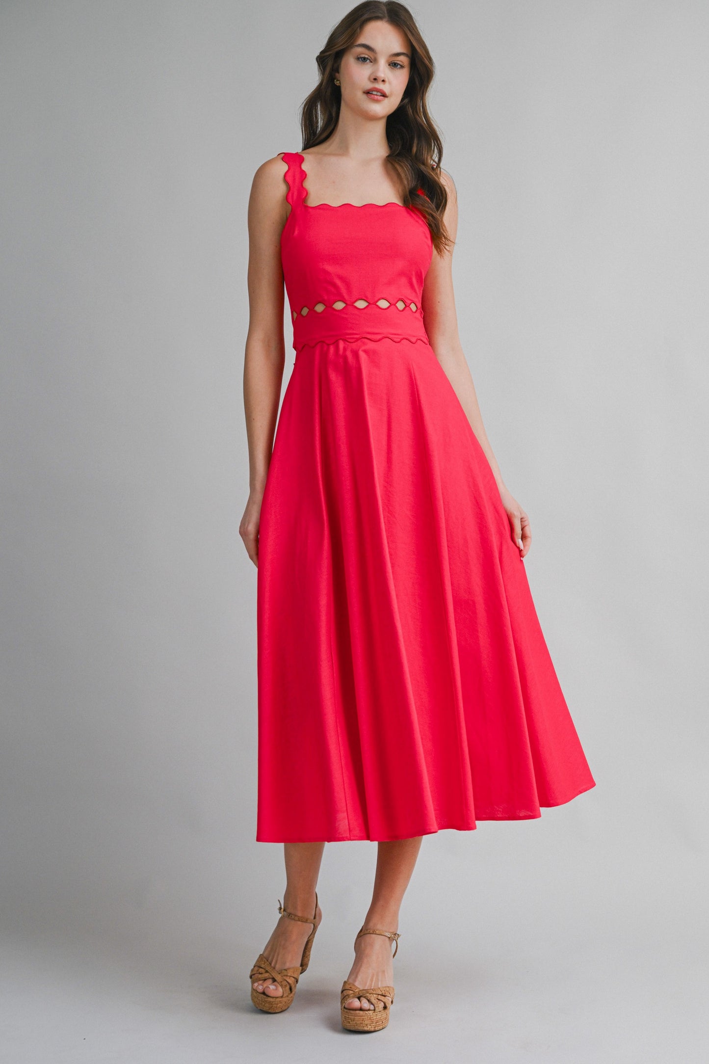 Red Scallop Trim Cut Out Midi Dress