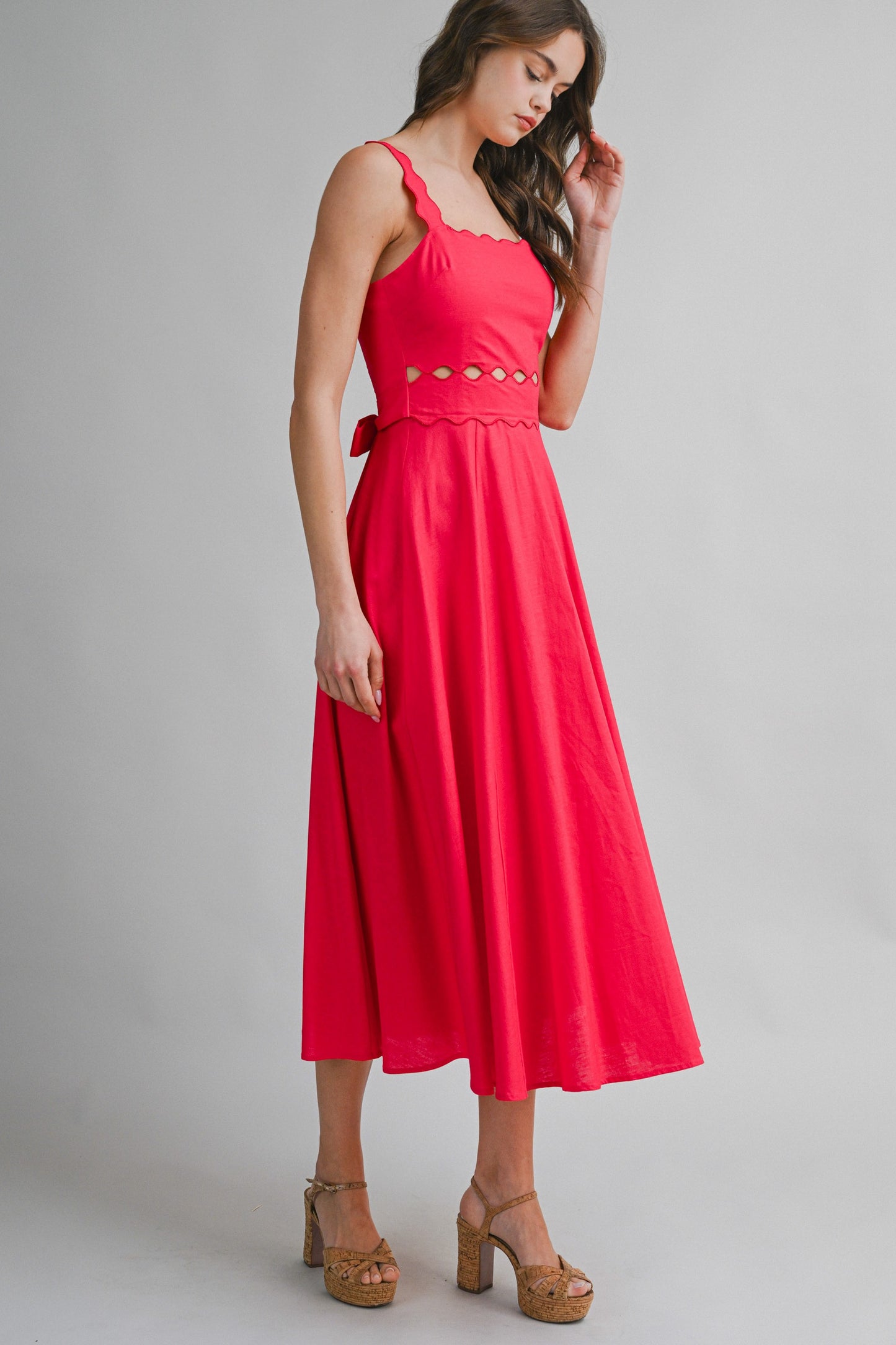 Red Scallop Trim Cut Out Midi Dress