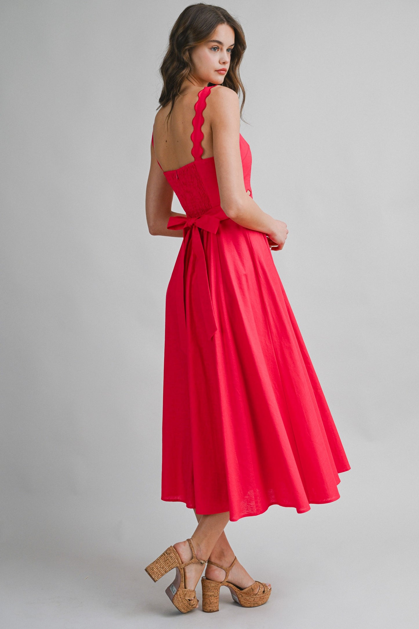 Red Scallop Trim Cut Out Midi Dress