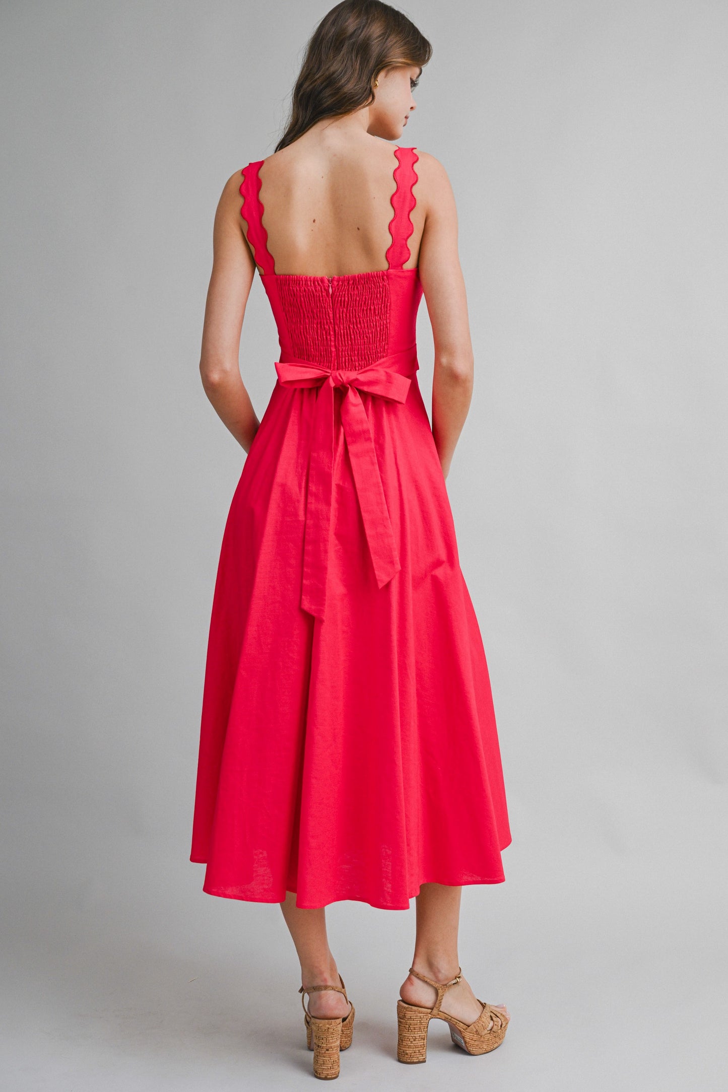Red Scallop Trim Cut Out Midi Dress