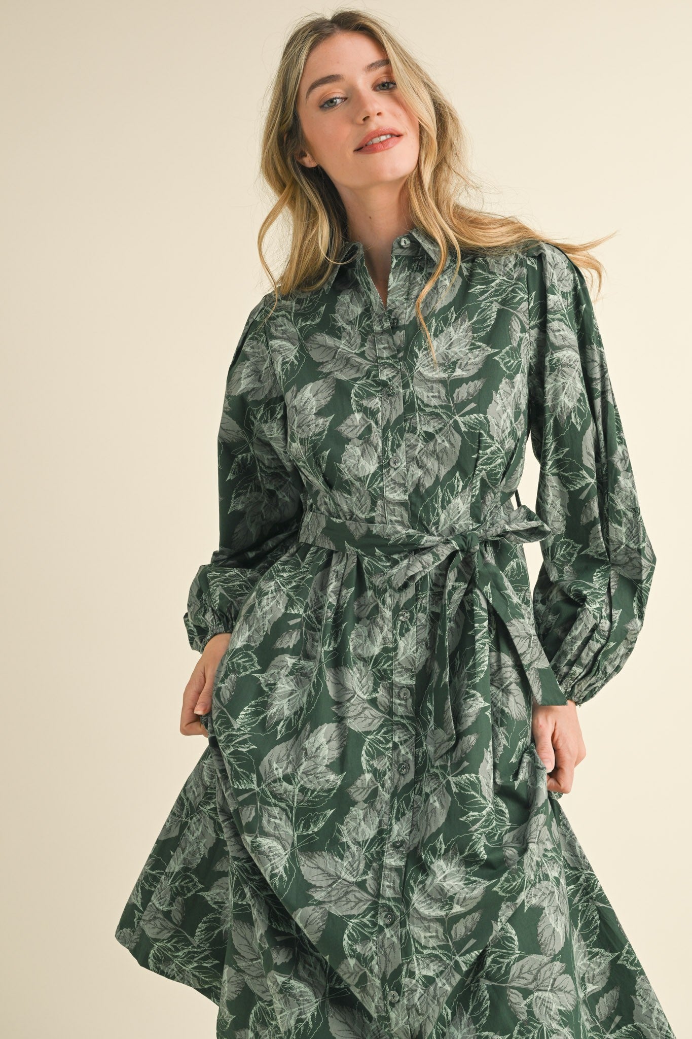 Leaf Print Button Down Midi Dress