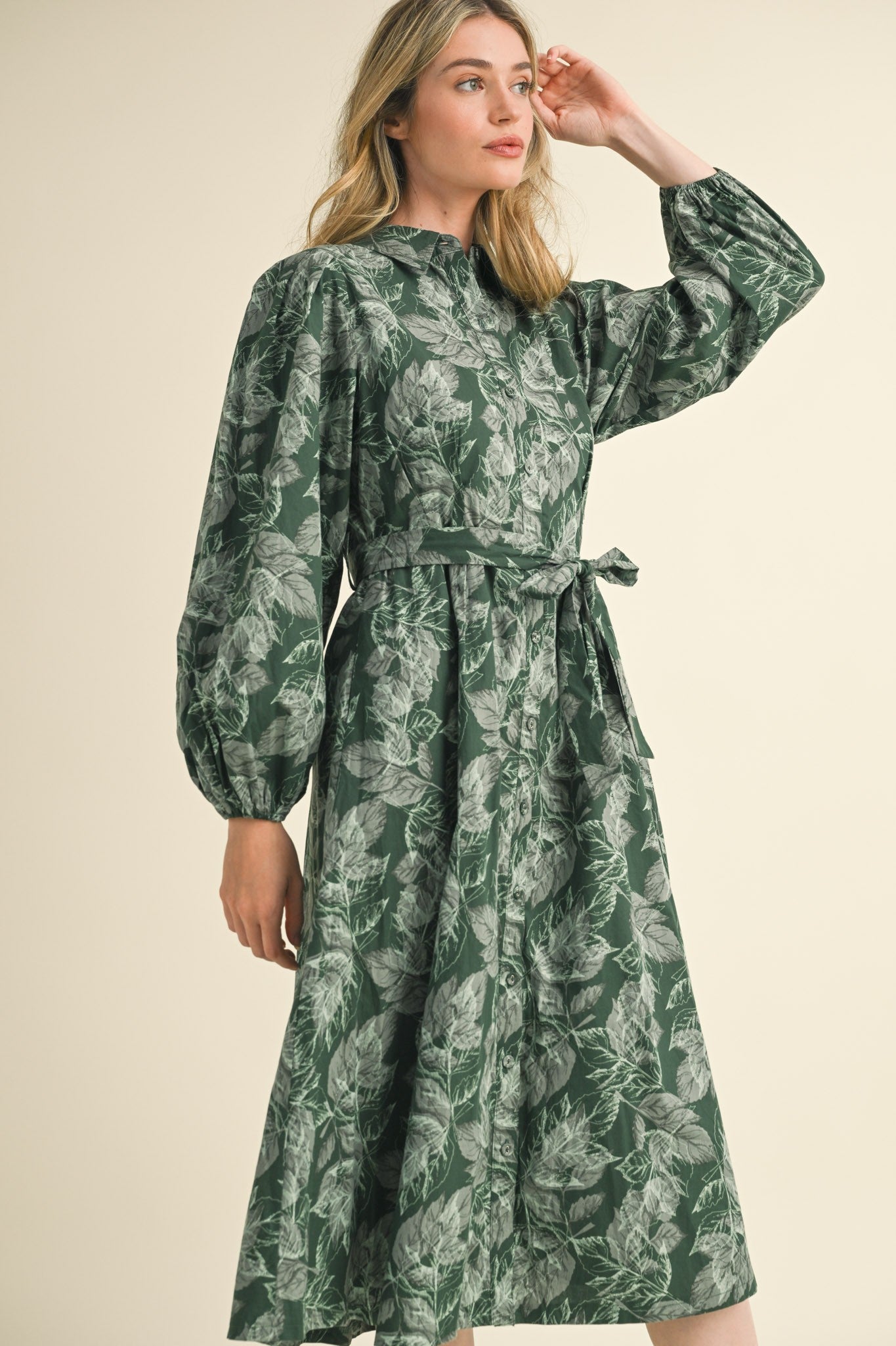 Leaf Print Button Down Midi Dress