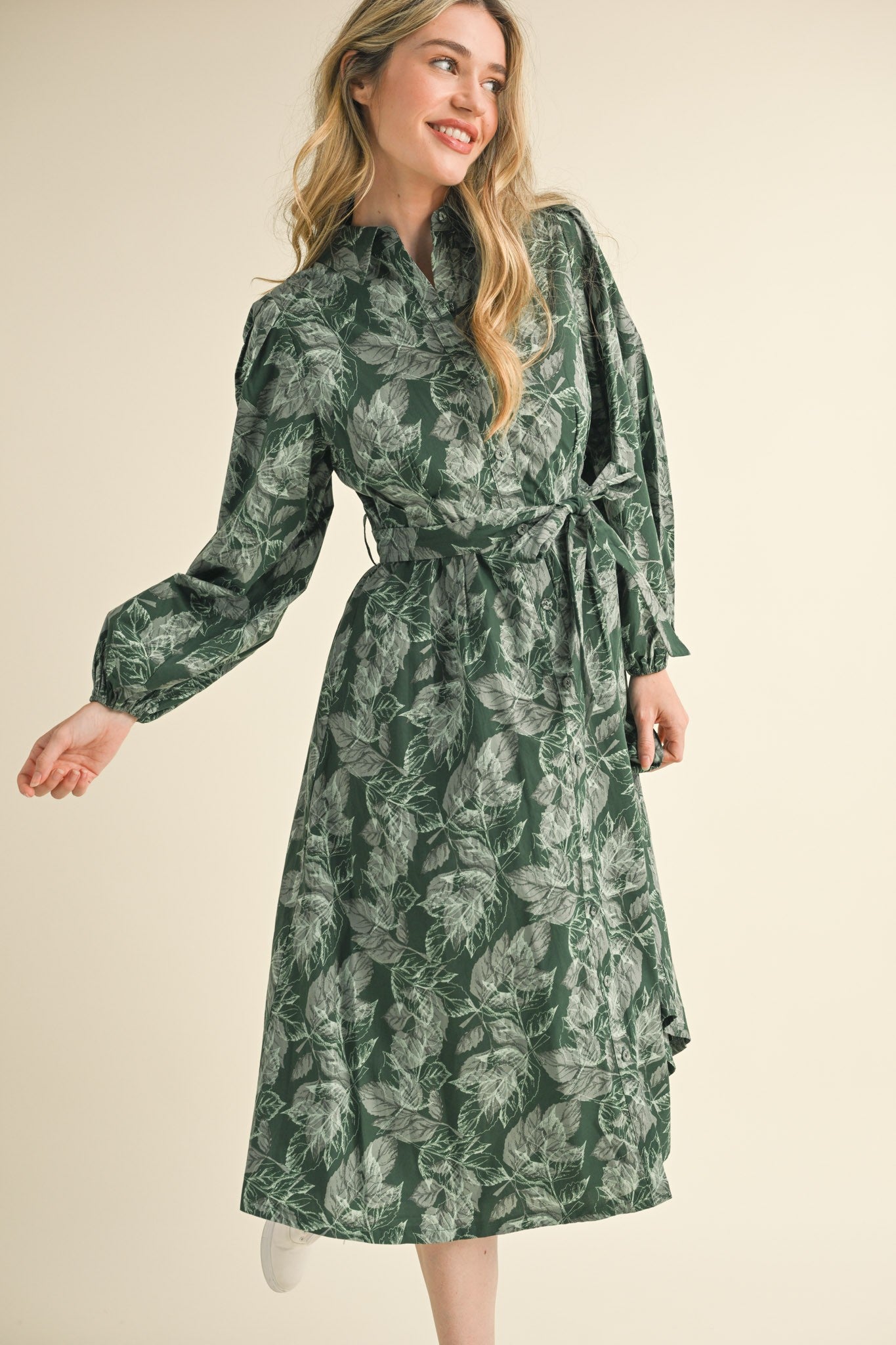 Leaf Print Button Down Midi Dress