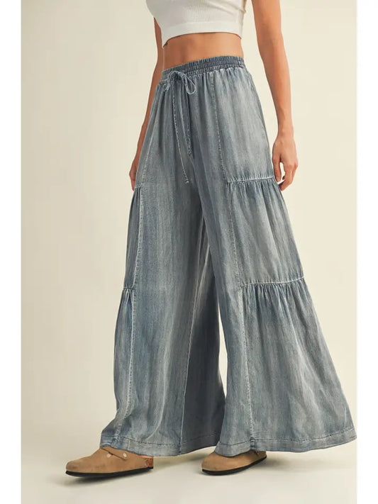 Ruffled Side, Washed Denim, Wide Leg Pant