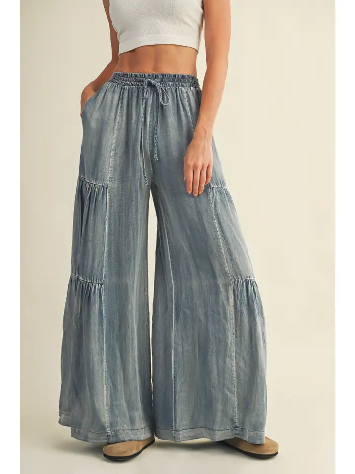 Ruffled Side, Washed Denim, Wide Leg Pant