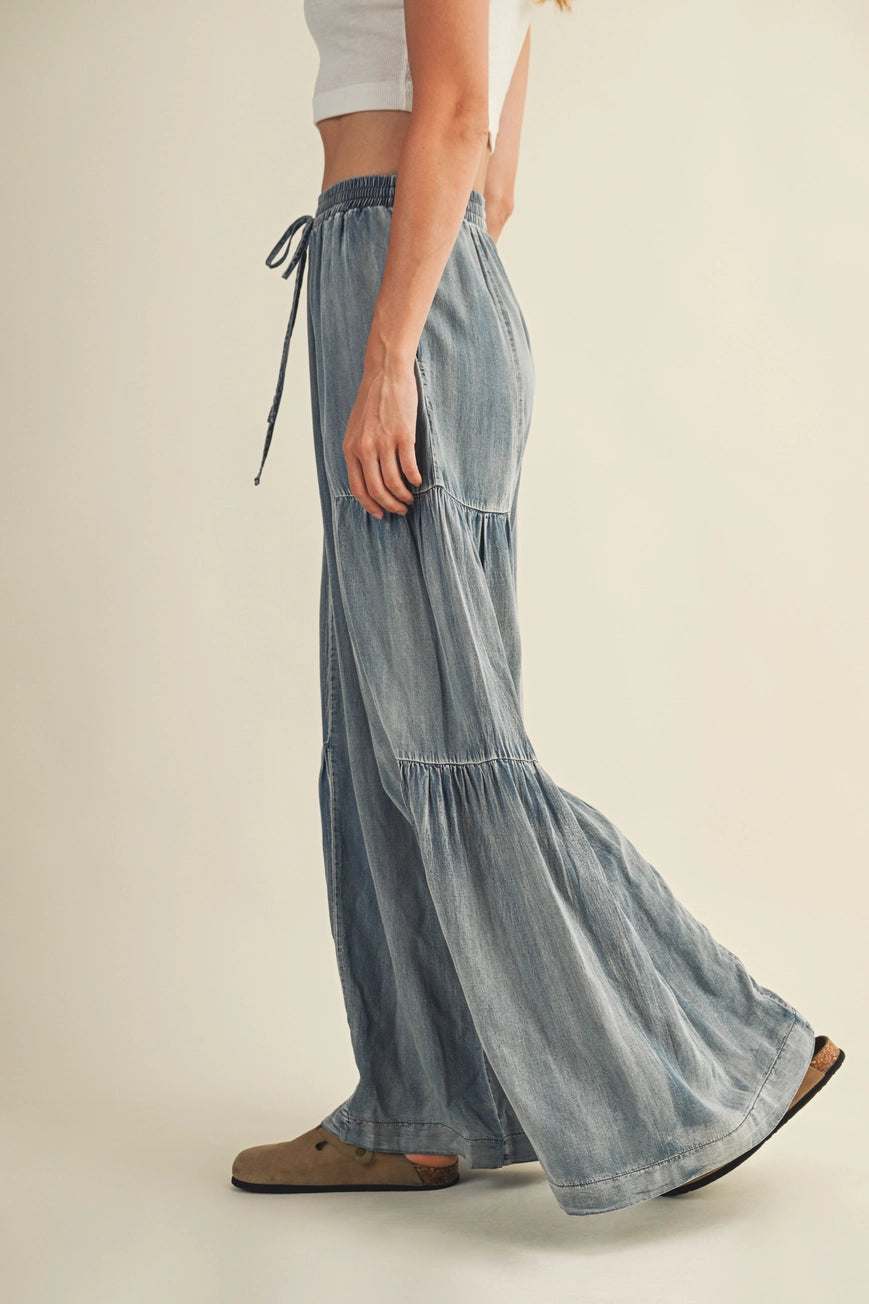 Ruffled Side, Washed Denim, Wide Leg Pant
