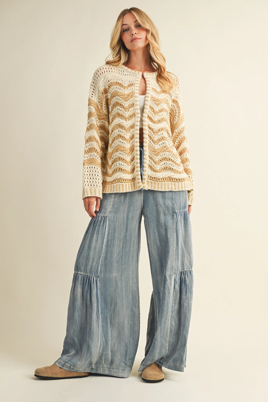 Ruffled Side, Washed Denim, Wide Leg Pant