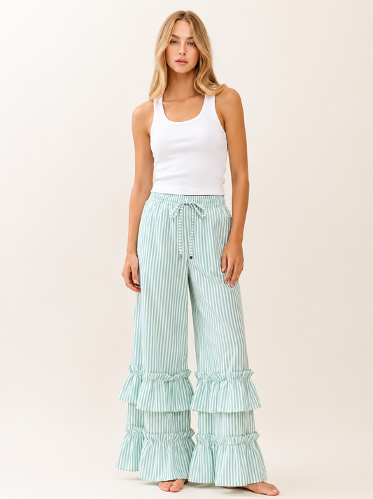 Ruffle Bottom Striped Pants in Mint
