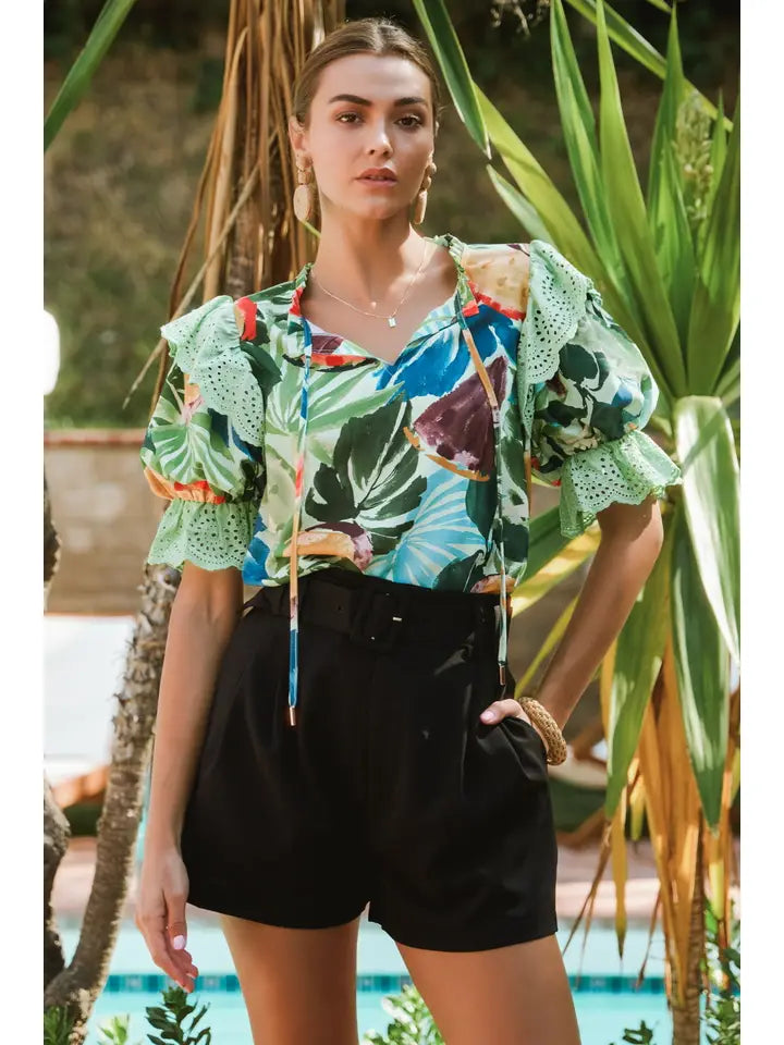 Topical Print Ruffle Sleeve Top