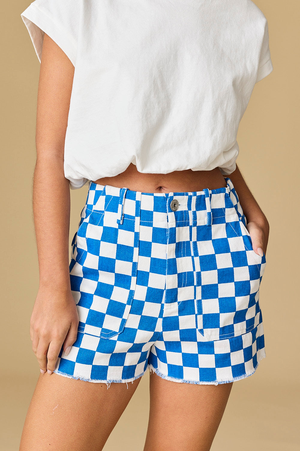 Game Day High Waisted Denim Checkered Short