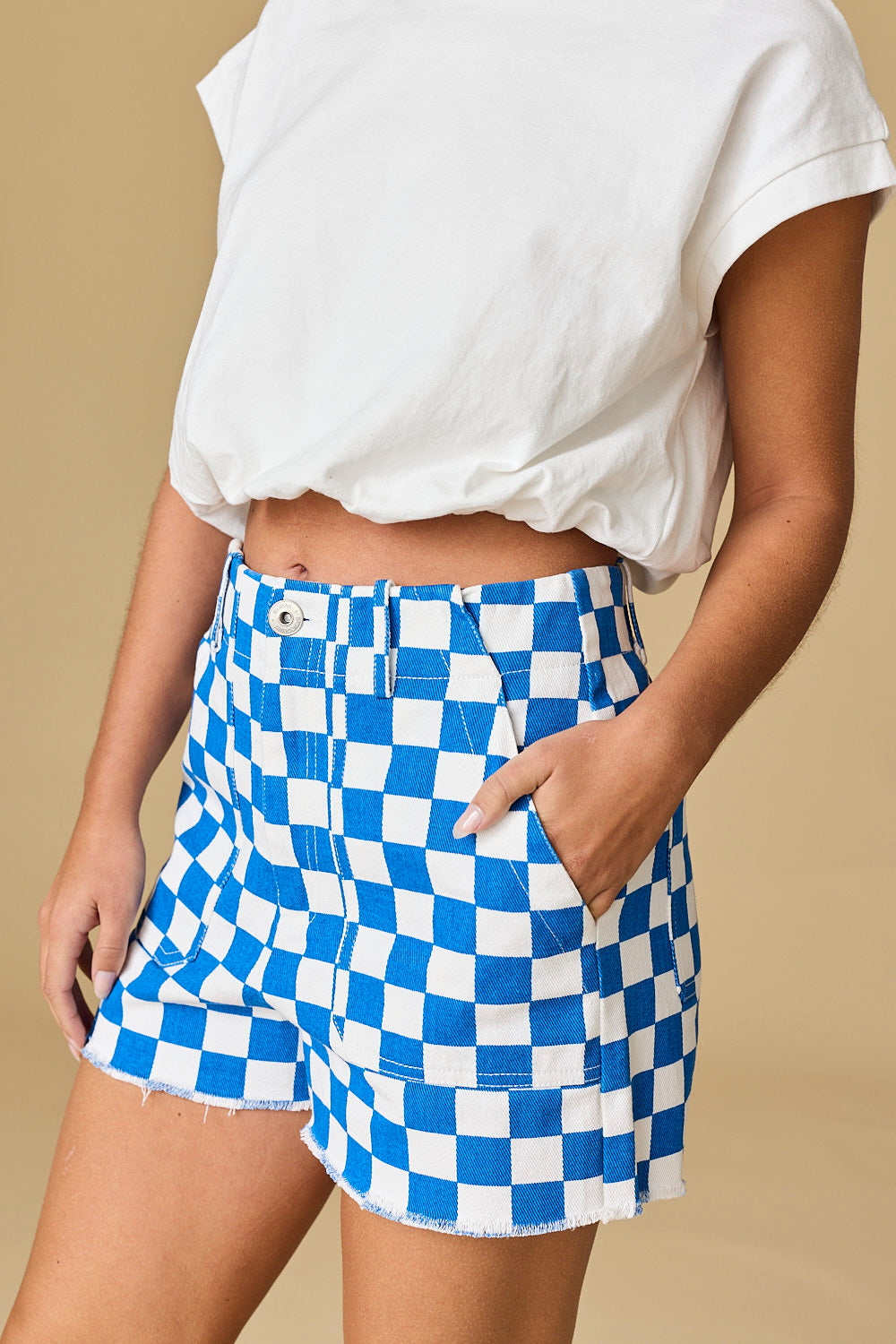 Game Day High Waisted Denim Checkered Short