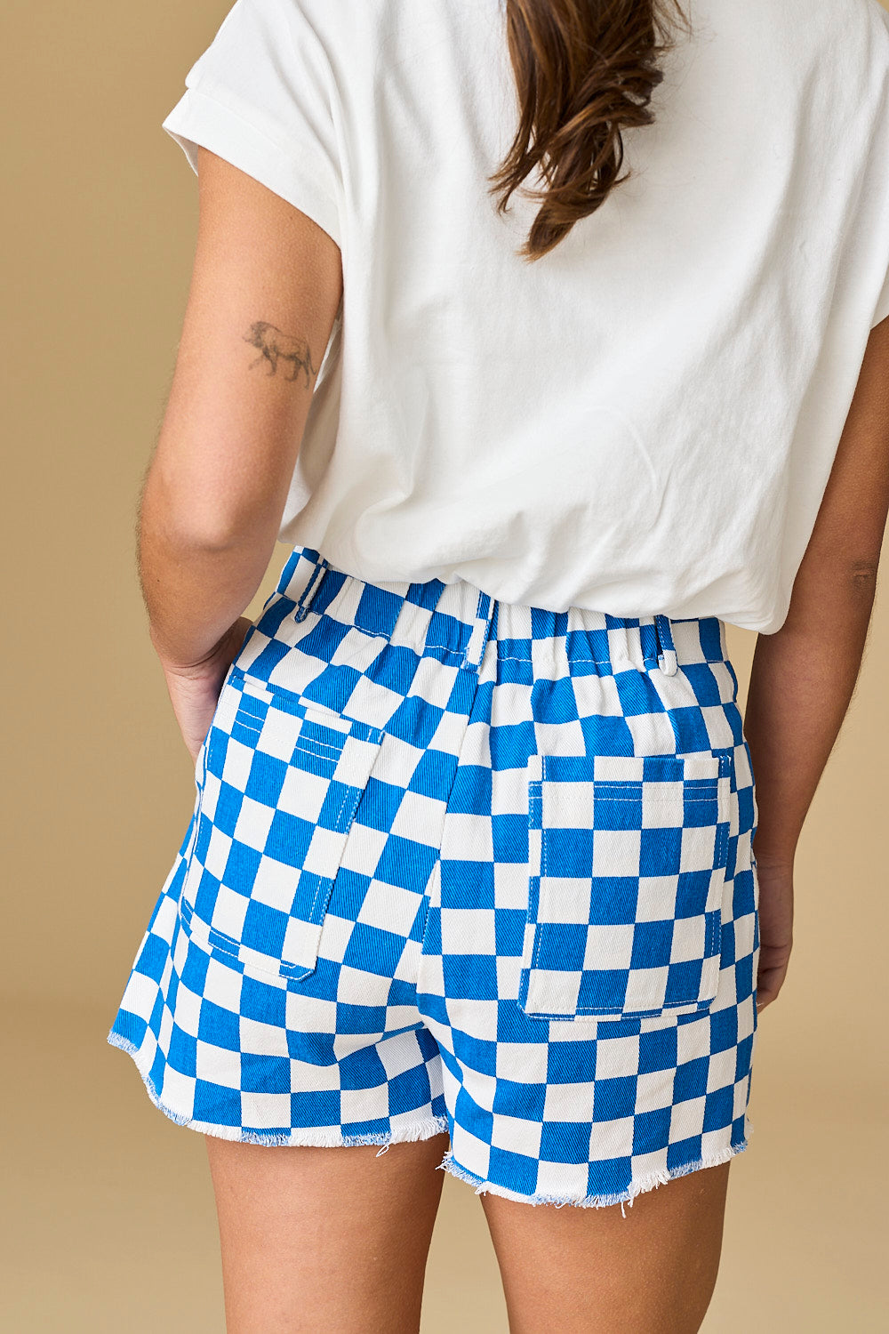 Game Day High Waisted Denim Checkered Short