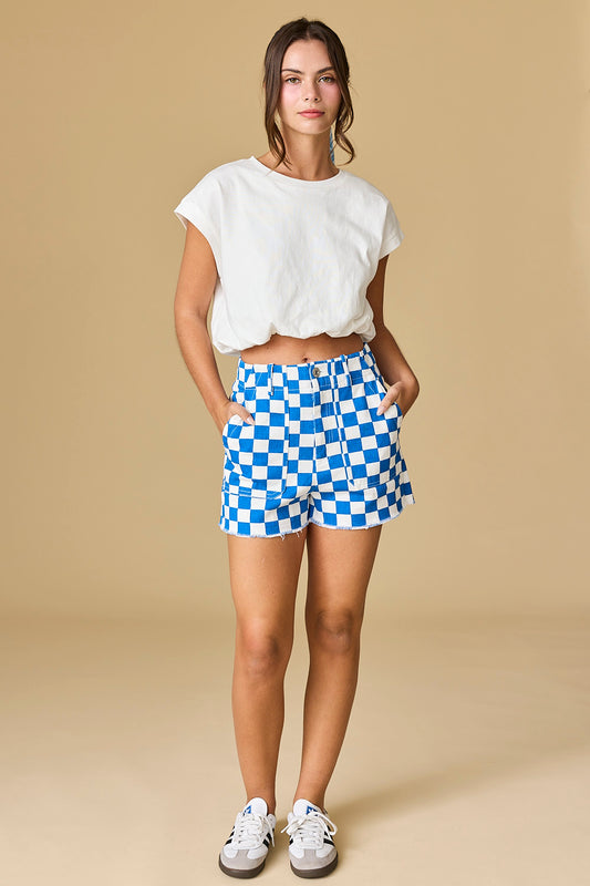 Game Day High Waisted Denim Checkered Short