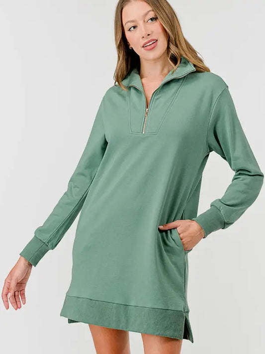 Sporty Sage Zip Collar Dress