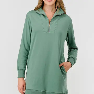 Sporty Sage Zip Collar Dress