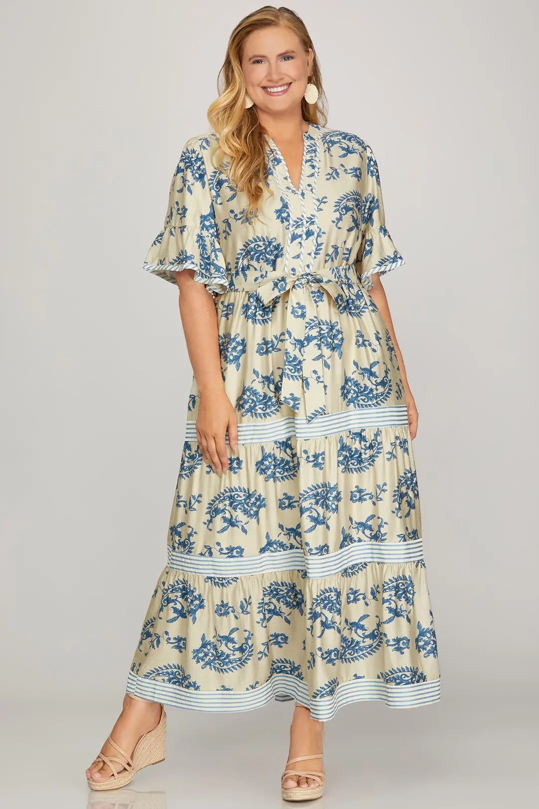 PLUS SIZE Blue Floral Print Midi Dress