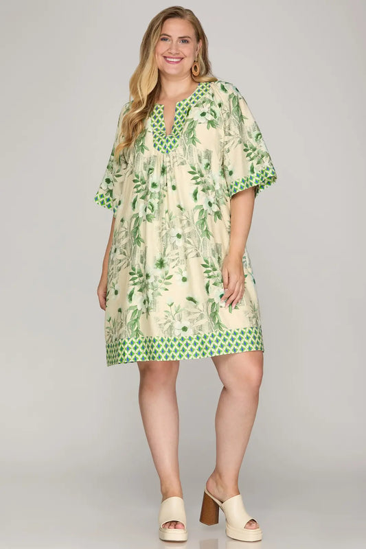PLUS SIZE Green With Blue Collar Detail Mini Dress