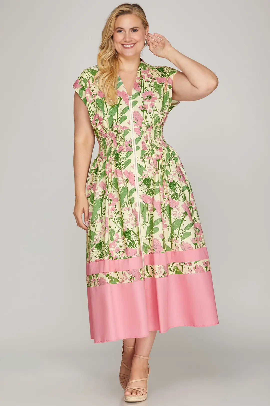 PLUS SIZE Pink Floral Bold Hem Midi Dress