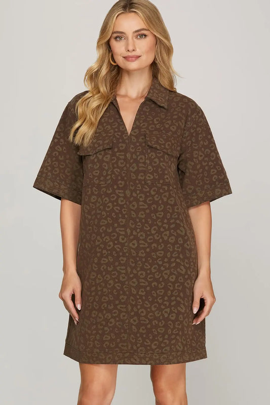 Leopard Print Collard Short Dress