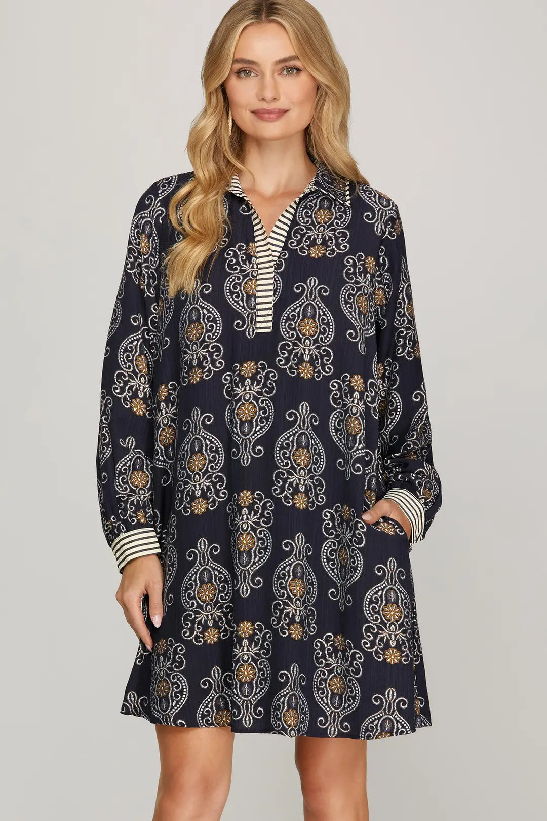 Long Sleeve Navy Printed Short Dress