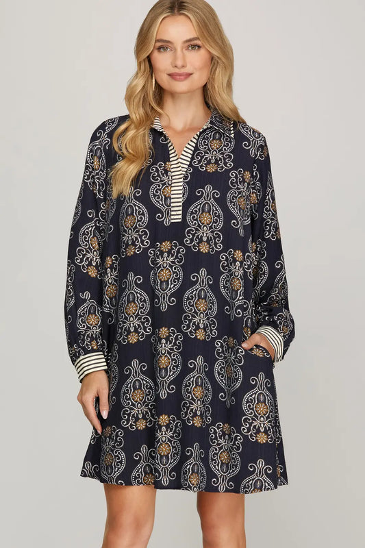 Long Sleeve Navy Printed Short Dress