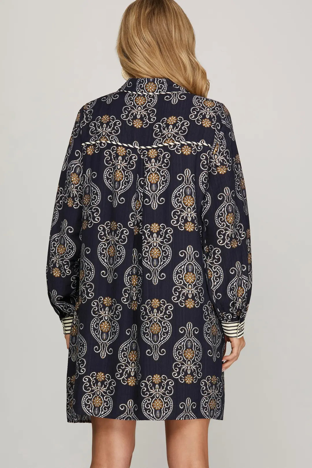 Long Sleeve Navy Printed Short Dress