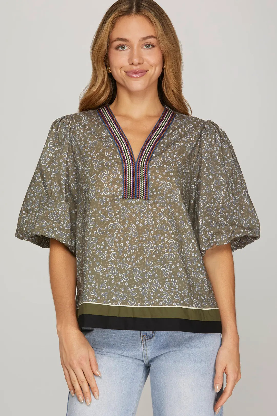 Olive and Gray Printed V-Neck Top