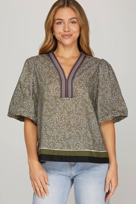 Olive and Gray Printed V-Neck Top