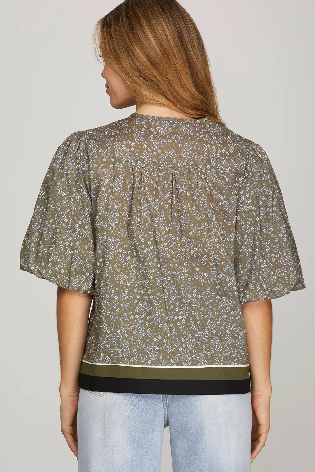 Olive and Gray Printed V-Neck Top