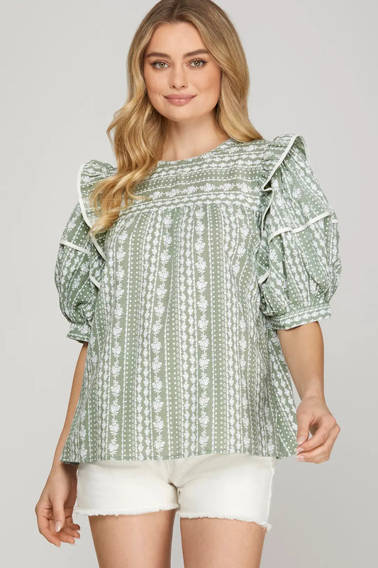 Sage Printed Poplin Top