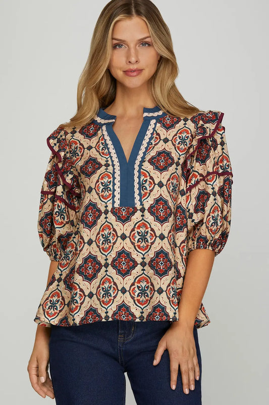 Blue and Wine Printed V-Neck Top