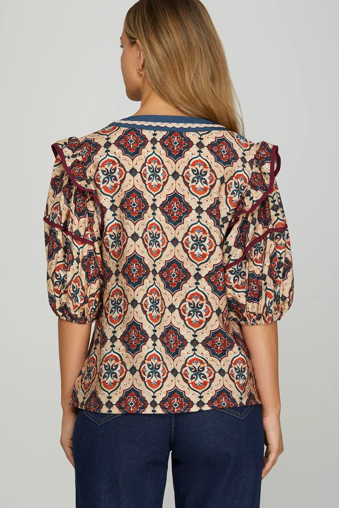 Blue and Wine Printed V-Neck Top