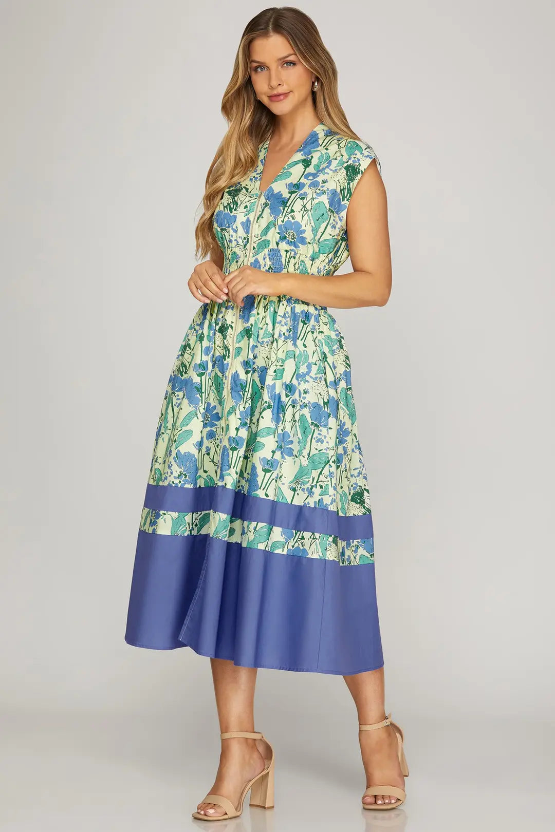Blue Floral Bold Hem Midi Dress