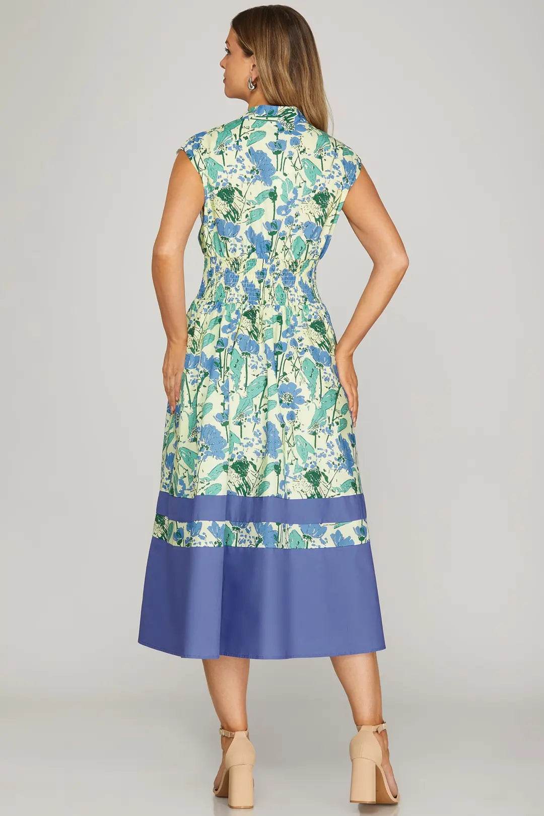 Blue Floral Bold Hem Midi Dress