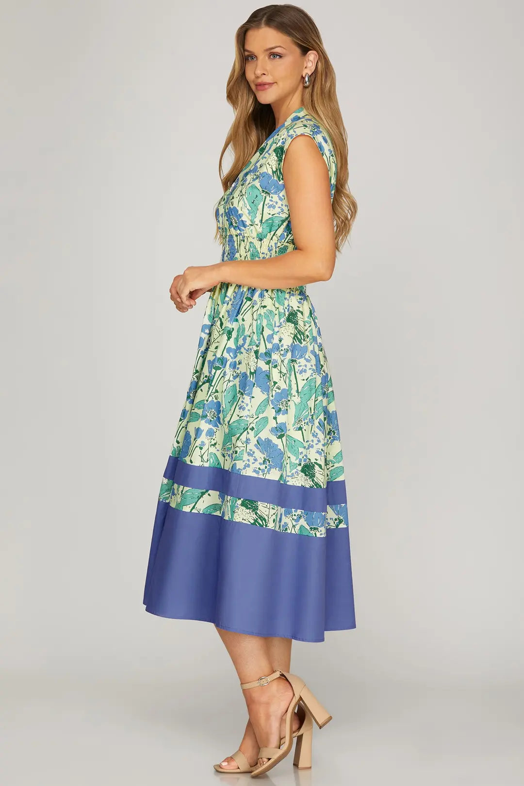 Blue Floral Bold Hem Midi Dress