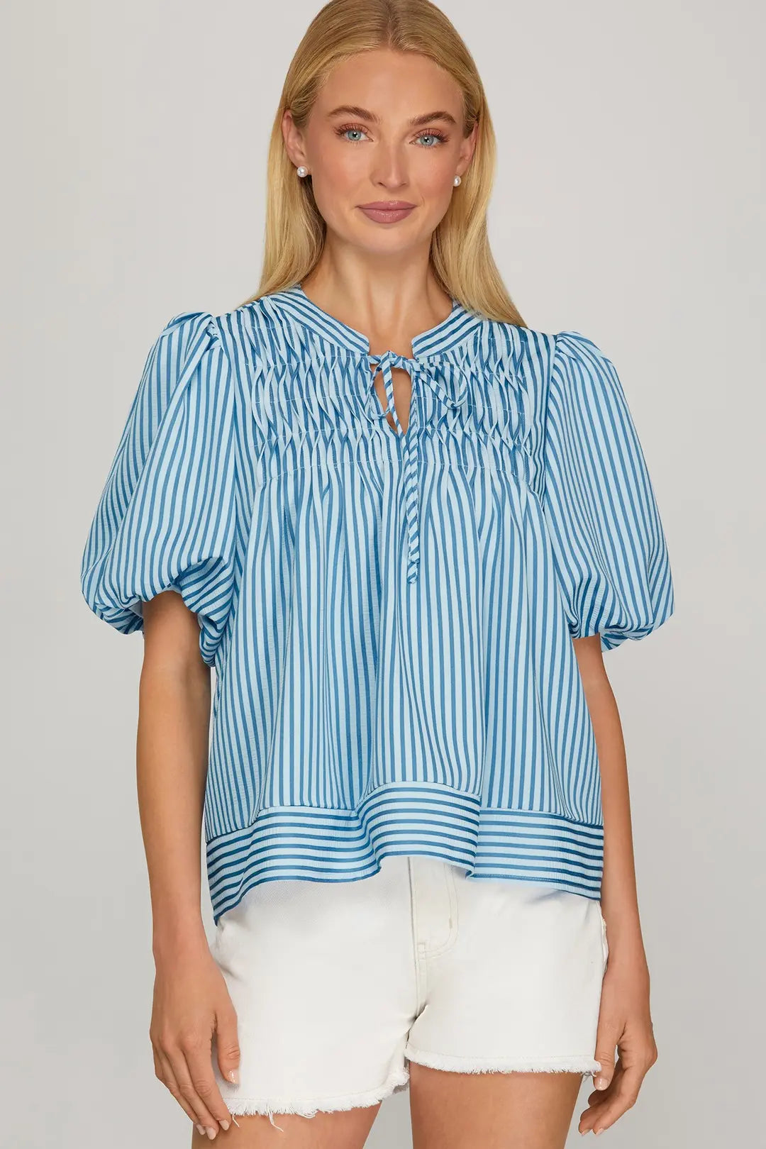 Blue Stripe Pin Tuck Detail Top