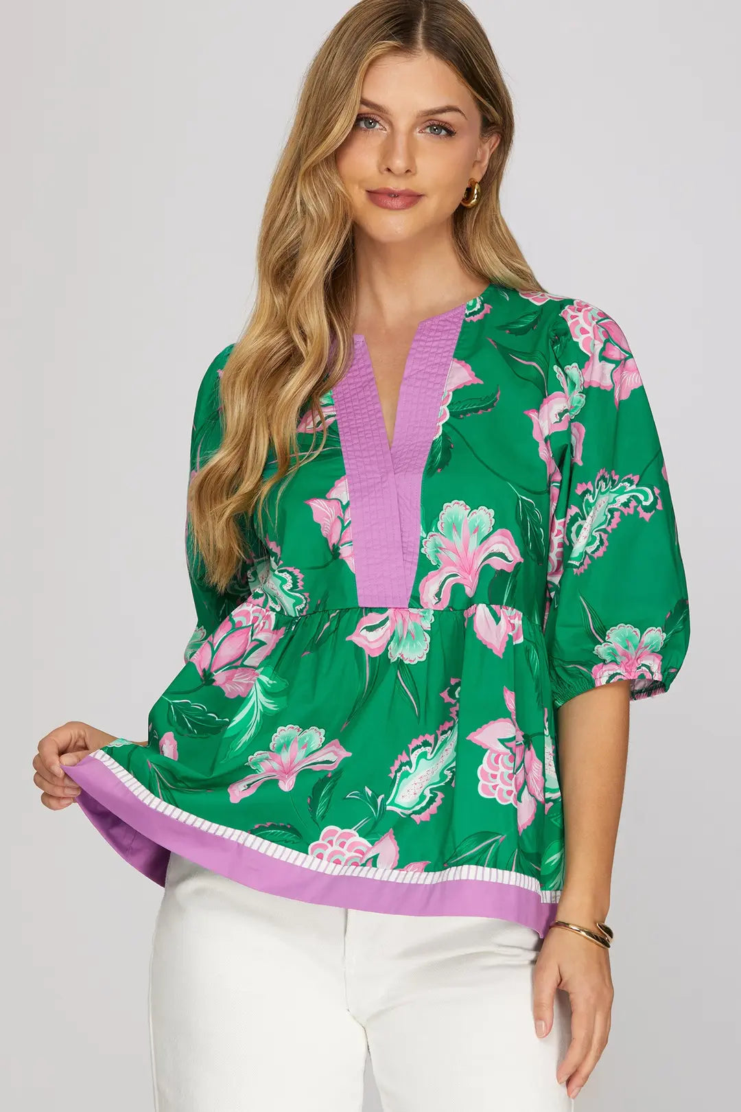 Green with Lilac Floral Detail Top