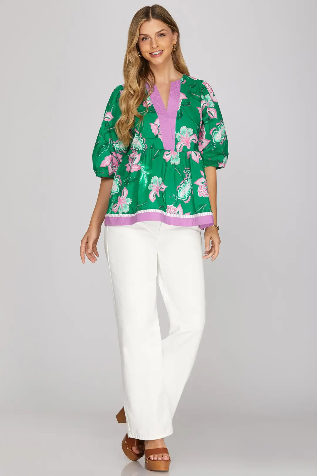 Green with Lilac Floral Detail Top