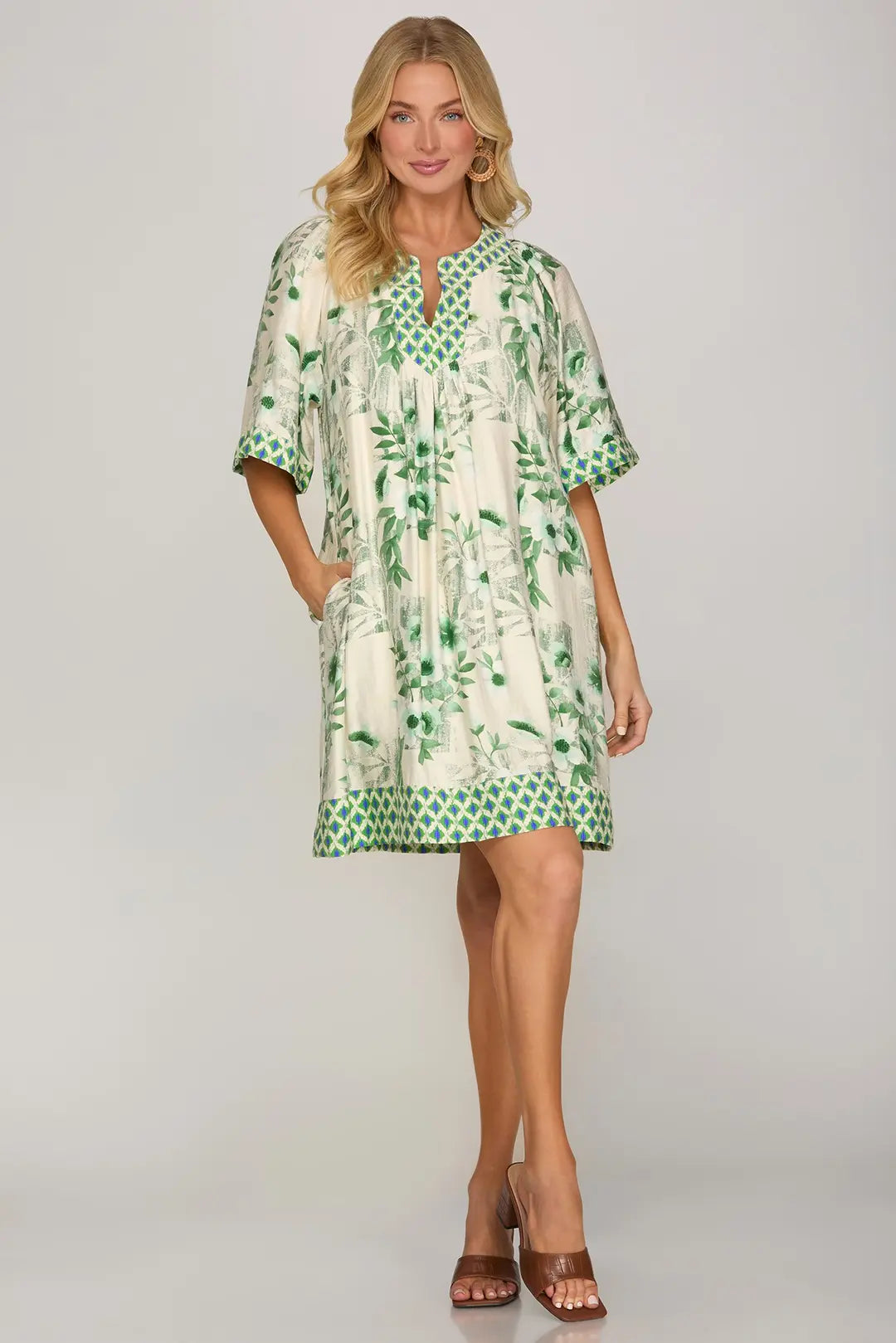 Green With Blue Collar Detail Mini Dress