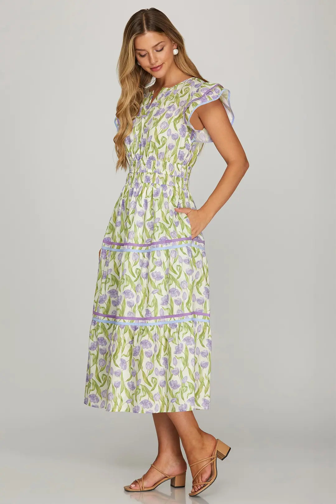 Lilac Floral Print Midi Dress