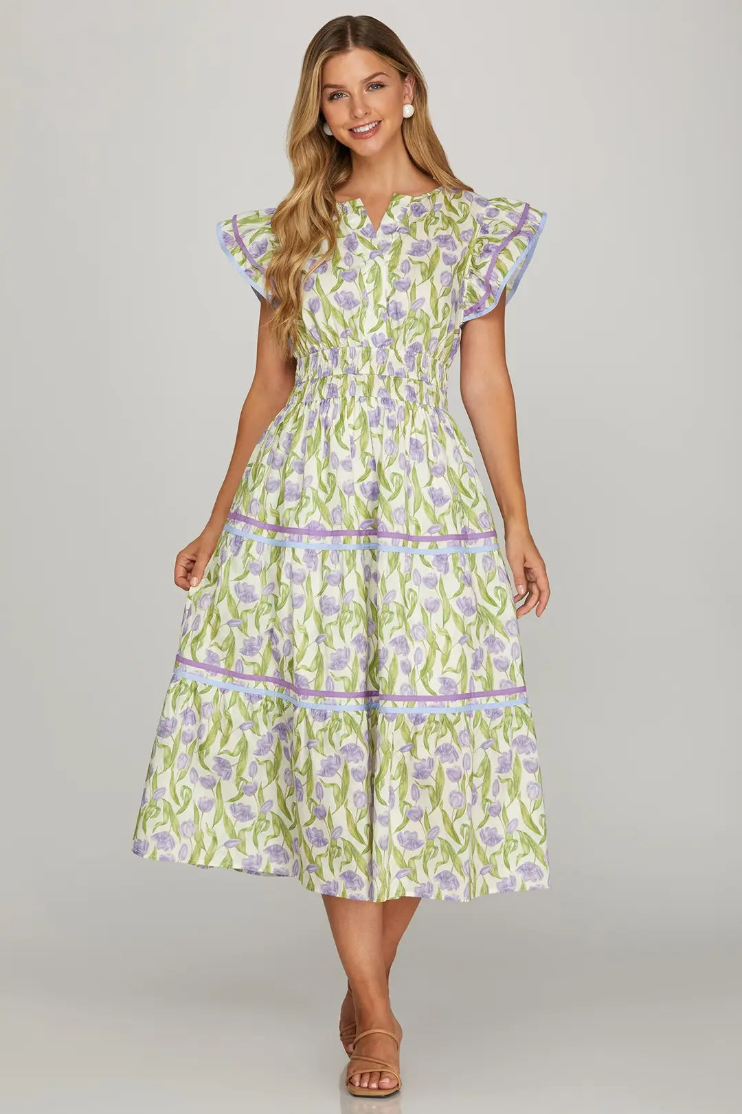 Lilac Floral Print Midi Dress