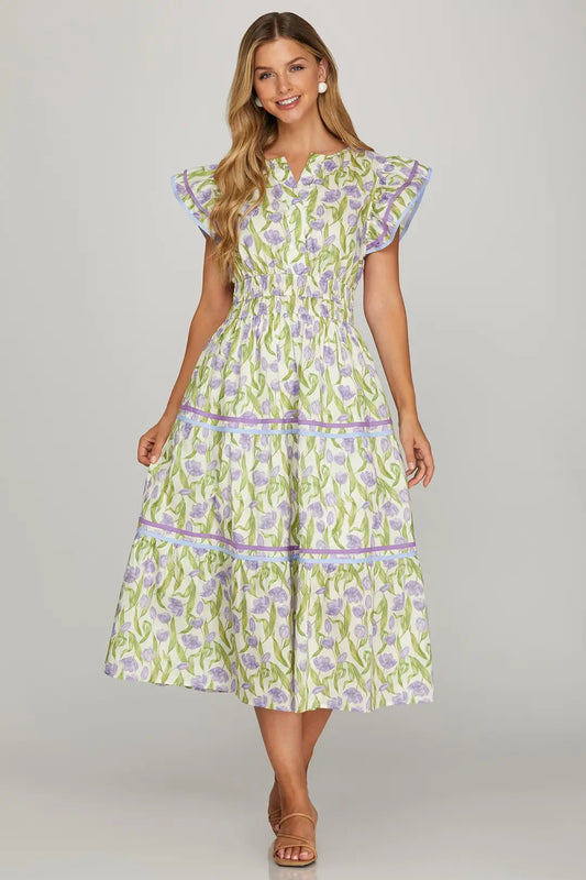 Lilac Floral Print Midi Dress