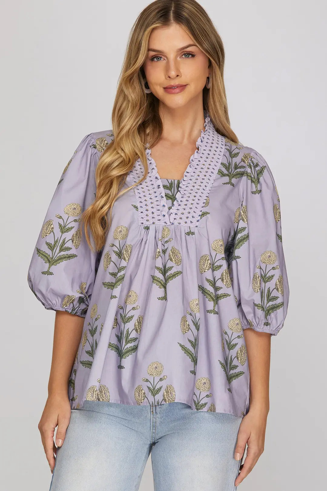 Lilac Print Smock Neck Top