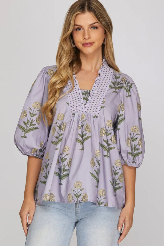 Lilac Print Smock Neck Top